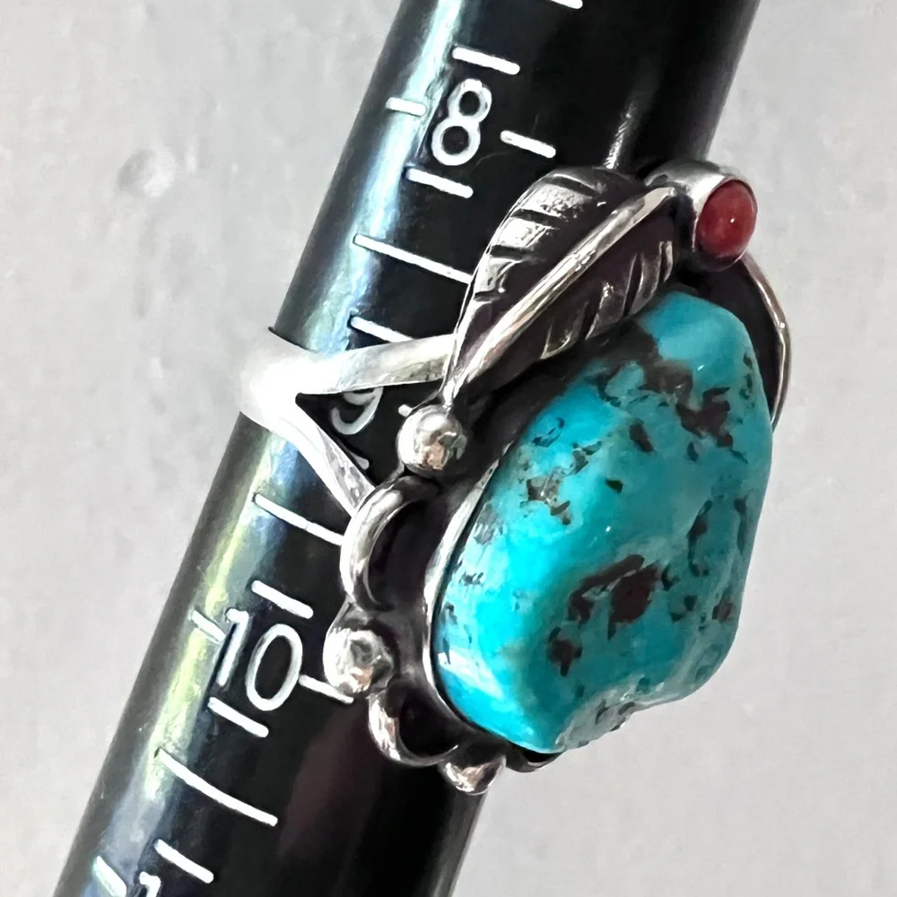 ✨ New Large ARTISAN Southwestern Turquoise & Coral Sterling Silver Ring USA Made